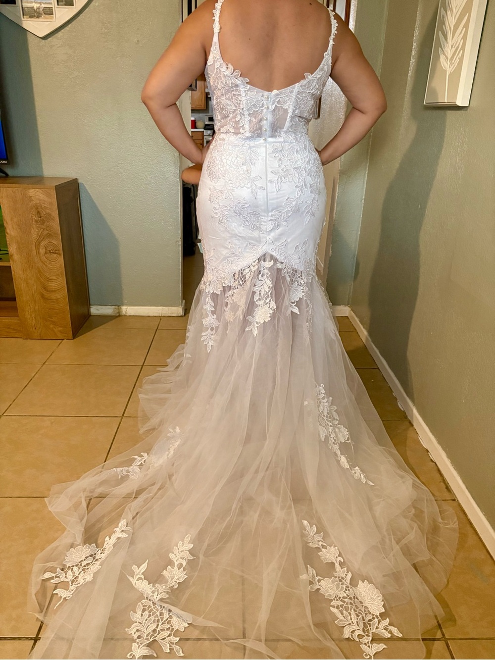 White Lace Mermaid Wedding Dress with Tulle Train